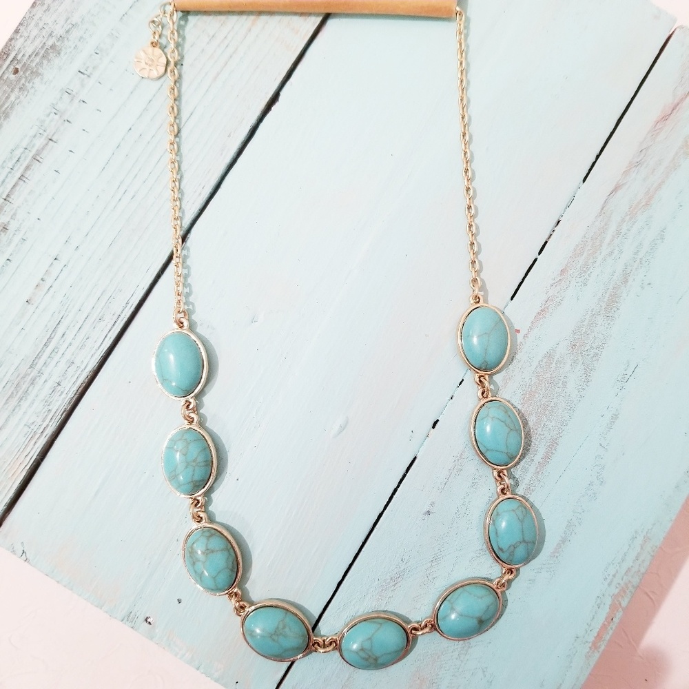 Monet Necklace Faux Turquoise and Gold - Picture 2 of 8